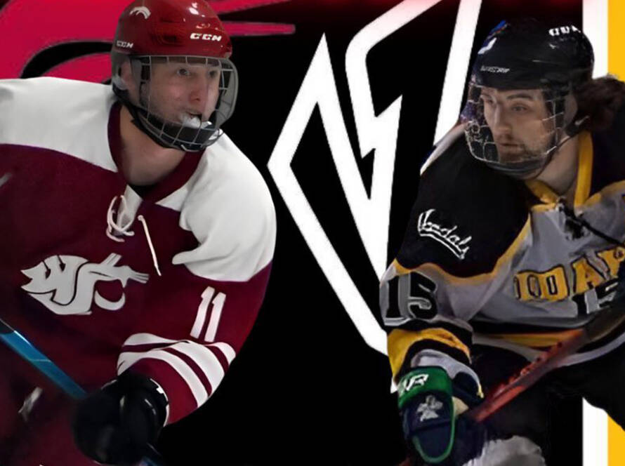 two hockey players face off, one in red WSU jersey, one in black and gold UI jersey