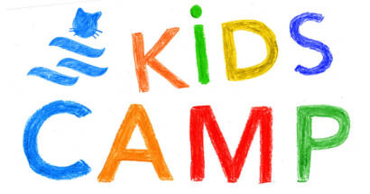 A logo for Kids Camp. It's of the PARC logo and the words, "Kids Camp" in bright crayon colors, each letter a different color.