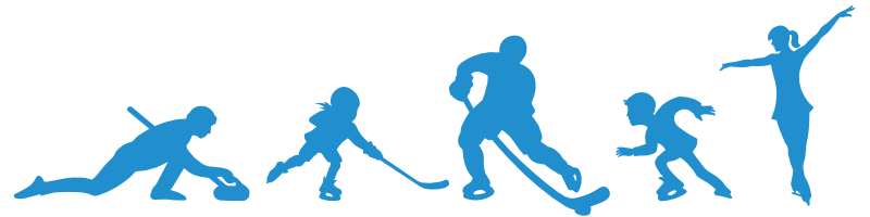 Silhouettes of PIR skaters: curler, youth hockey player, adult hockey player, young skater, figure skater