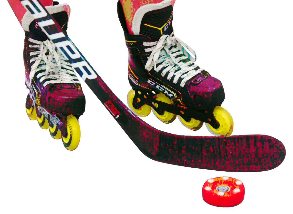 Image of roller hockey skates, stick and puck