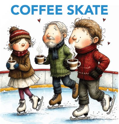 Illustration of three older skaters on the ice and sipping coffee.
